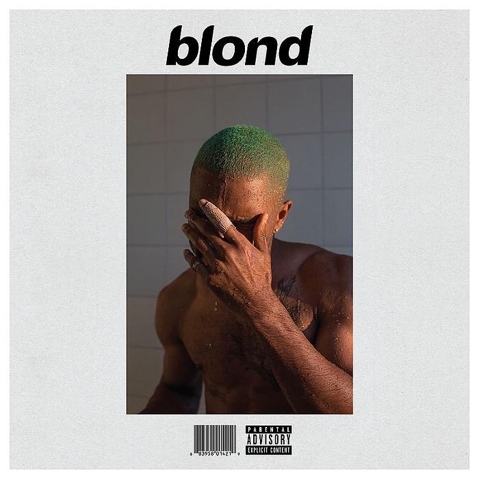 The cover to Blonde, a shirtless Ocean with dyed green hair covering his face with his hand.