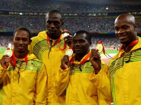 The Jamaica 4x100M winning team.
From left to right, Michael Frater, Usain Bolt, Nesta Carter, and Asafa Powell
