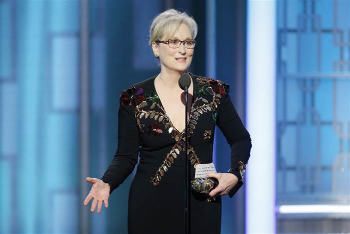 Meryl Streep delivering her speech against bullying and the importance of preserving the media.
