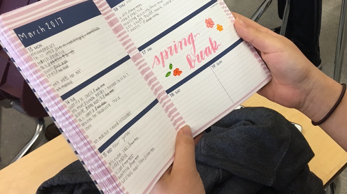 A student preventing procrastination by using a planner to break assignments into small tasks