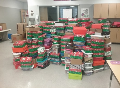 416 Christmas boxes for children around the world donated by the students and staff of Wiregrass Ranch