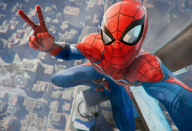 Spiderman posing for a photo in the new game.