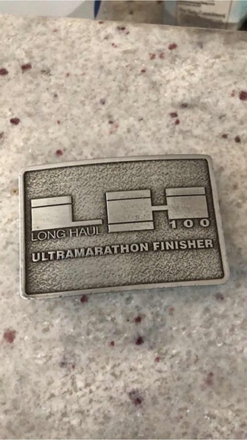 The buckle awarded to each finisher of the Long Haul 100 mile race.