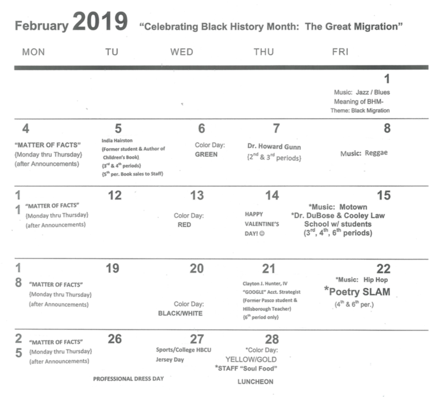 February 2019 calendar of events for Black History Month.