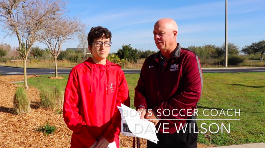 Wiregrass Ranch boys soccer coach, Dave Wilson being interviewed.