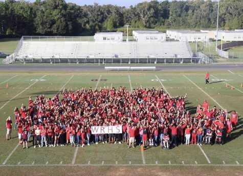 Wiregrass students on the last day of Red Ribbon Week gathered on the football field for a group photo.