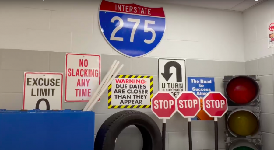 The Drivers Education classroom showcasing signs students might see on the road. 
