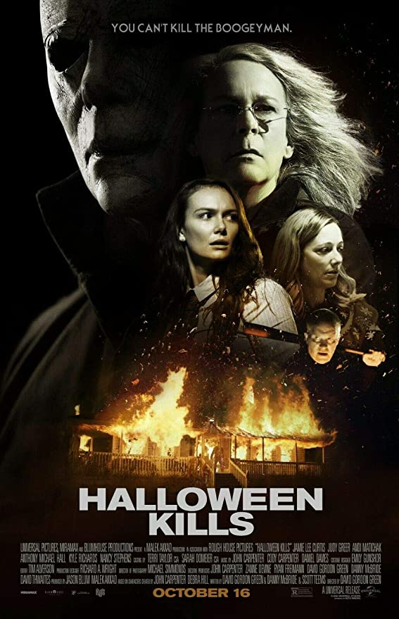Promotional poster for Halloween Kills displaying  Micheal Myers and the Strode family.