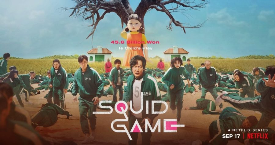 A promotional poster for Squid Game depicting the participants playing the first game.