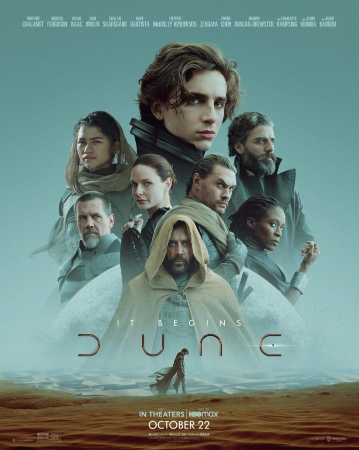Dune movie poster showing the star studded and diverse cast including Timothée Chalamet and Zendaya.