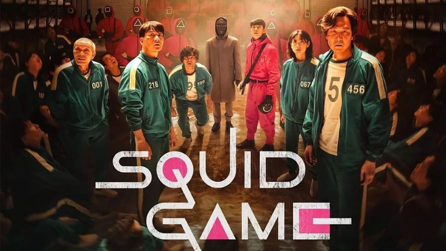 Promotional poster for Squid Game featuring some of the shows main characters.