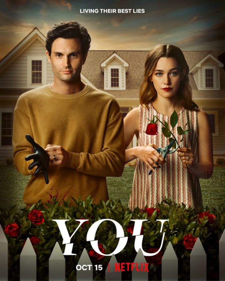 You promotional poster from Netflix depicts Joe and Love in suburban America living the dream.
