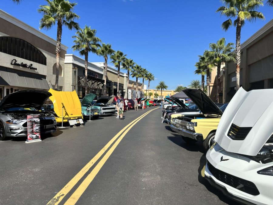 The main strip of the Shoppes at Wiregrass filled with cars and trucks apart of the Cruisin’ at Wiregrass Car and Truck Show