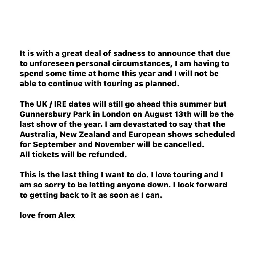 OConnor released a statement on social media announcing the cancellation of the remainder of his 2022 tour; the canceled dates coincided with his later appearance in court. 