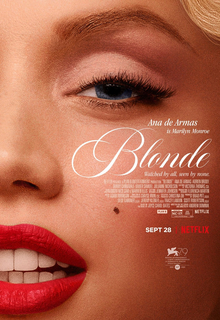 Movie poster for Blonde (2022)  featuring Ana de Armas with Marylins classic makeup look.