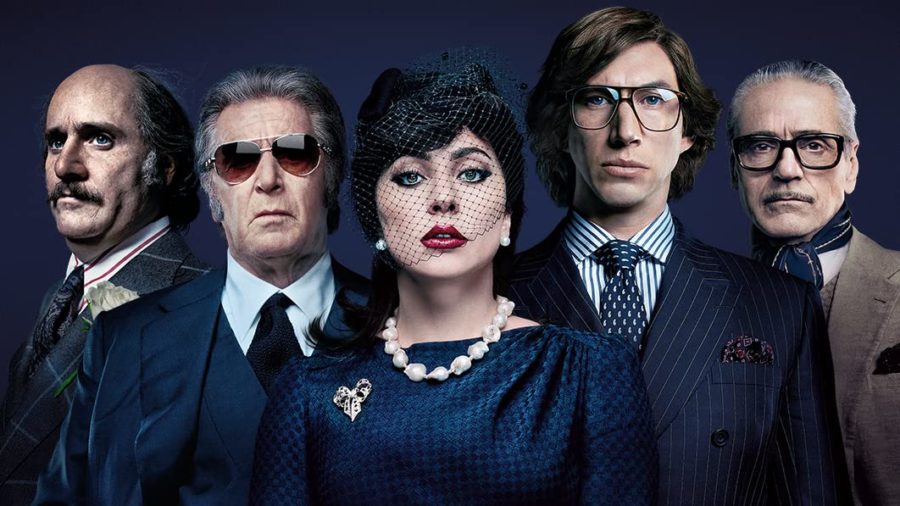 House of Gucci main characters, starring well-known celebrities such as Lady Gaga, Adam Driver, and Jared Leto.
