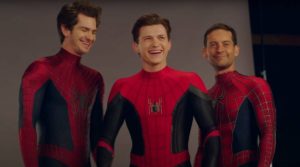 The Three Spider-Man (Tom Holland, Andrew Garfield, and Tobey Maguire) embodying the excitement for nostalgia. 