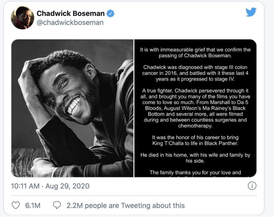A screenshot of the tweet posted by his team announcing the death of Chadwick Boseman.