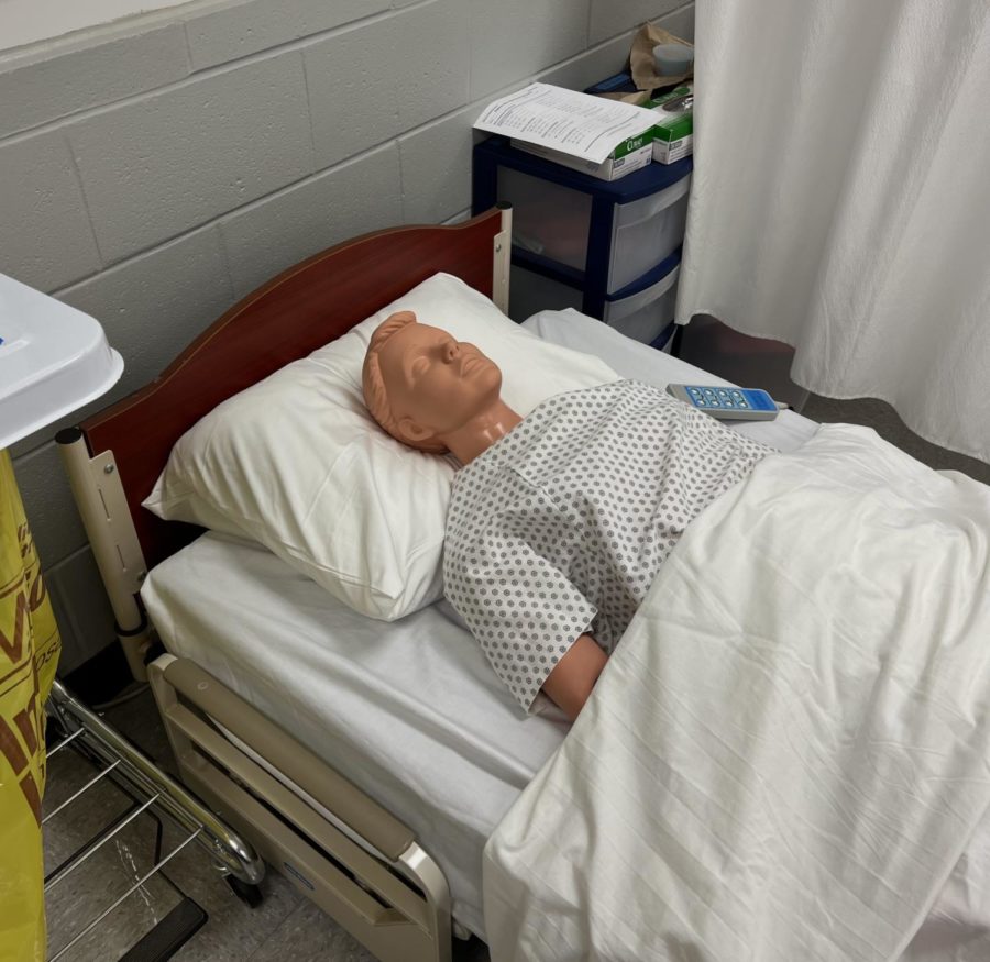 One of the CNA programs mannequins is positioned in a bed. These mannequins are used to help students perform a myriad of skills to practice for their CNA license exam.