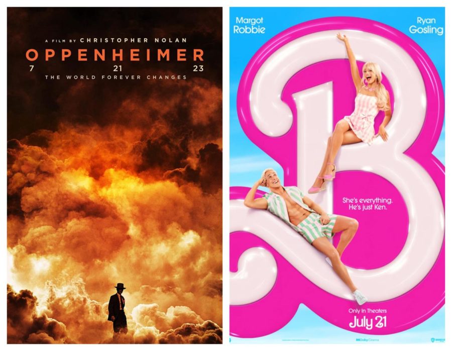 The film posters for Oppenheimer (left) and Barbie (right), both releasing on July 21.