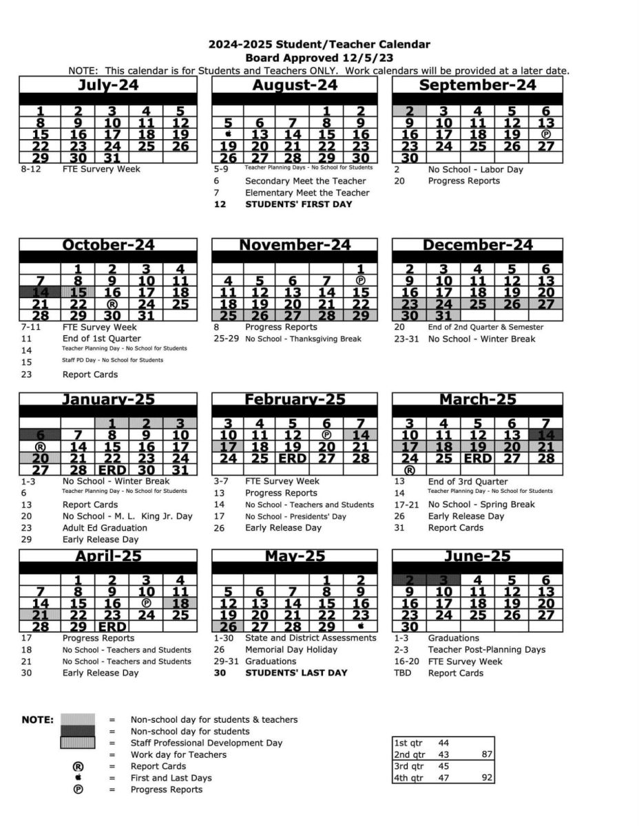 The new calendar (shown above) for the 2024-2025 school year will include several dates within the first semester for professional learning days.